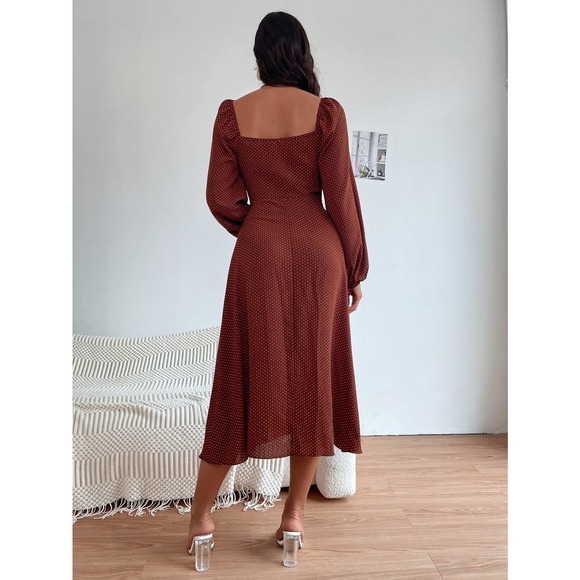 Polka Dot Print Knot Front Lantern long sleeve midi Dress rust brown - Picture 3 of 8